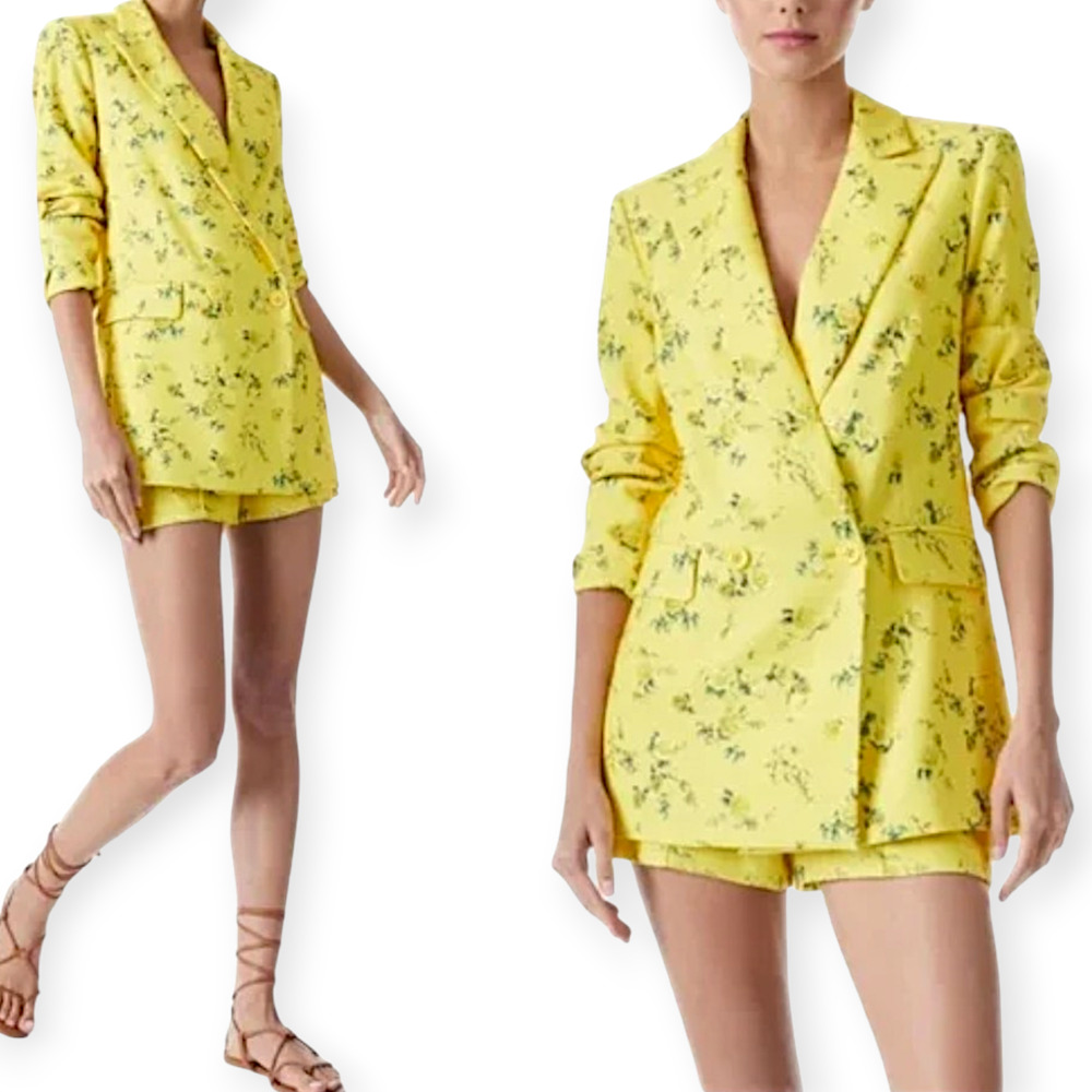 Alice + Olivia Justin Rolled Cuff Double Breasted Floral Yellow Blazer Size 4